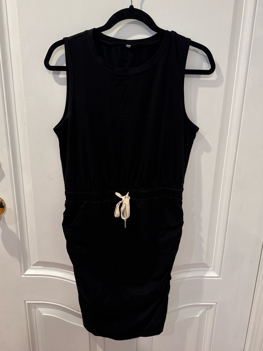 Black Athletic Tank Dress Drawstring Waist Pockets Ruched Sleeveless Size Large